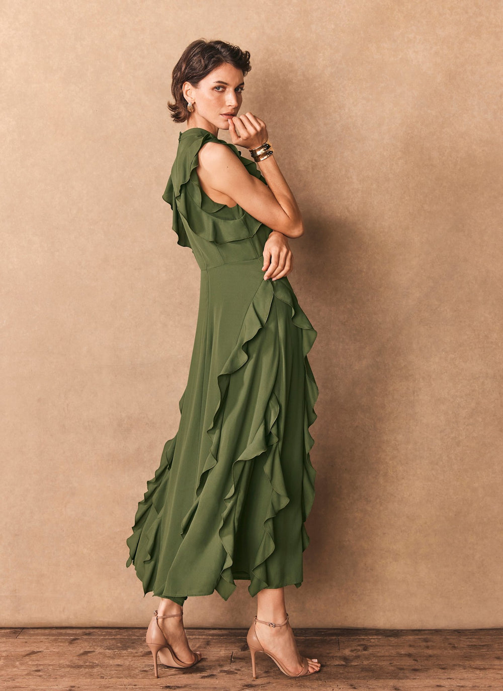 Green High Neck Ruffle Maxi Dress