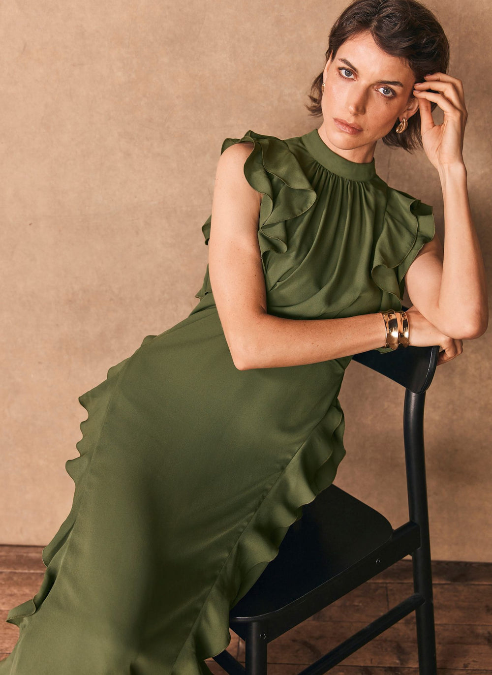 Green High Neck Ruffle Maxi Dress