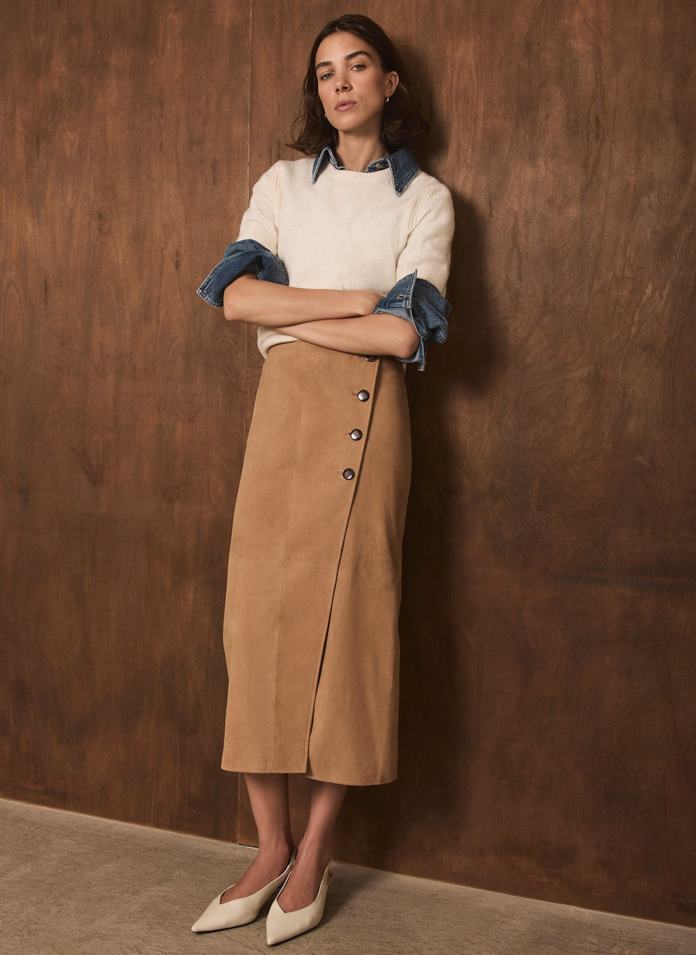 Tan Suede Wrap Midi Skirt
