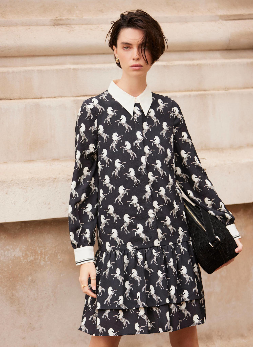 Black Horse Print Mini Shirt Dress