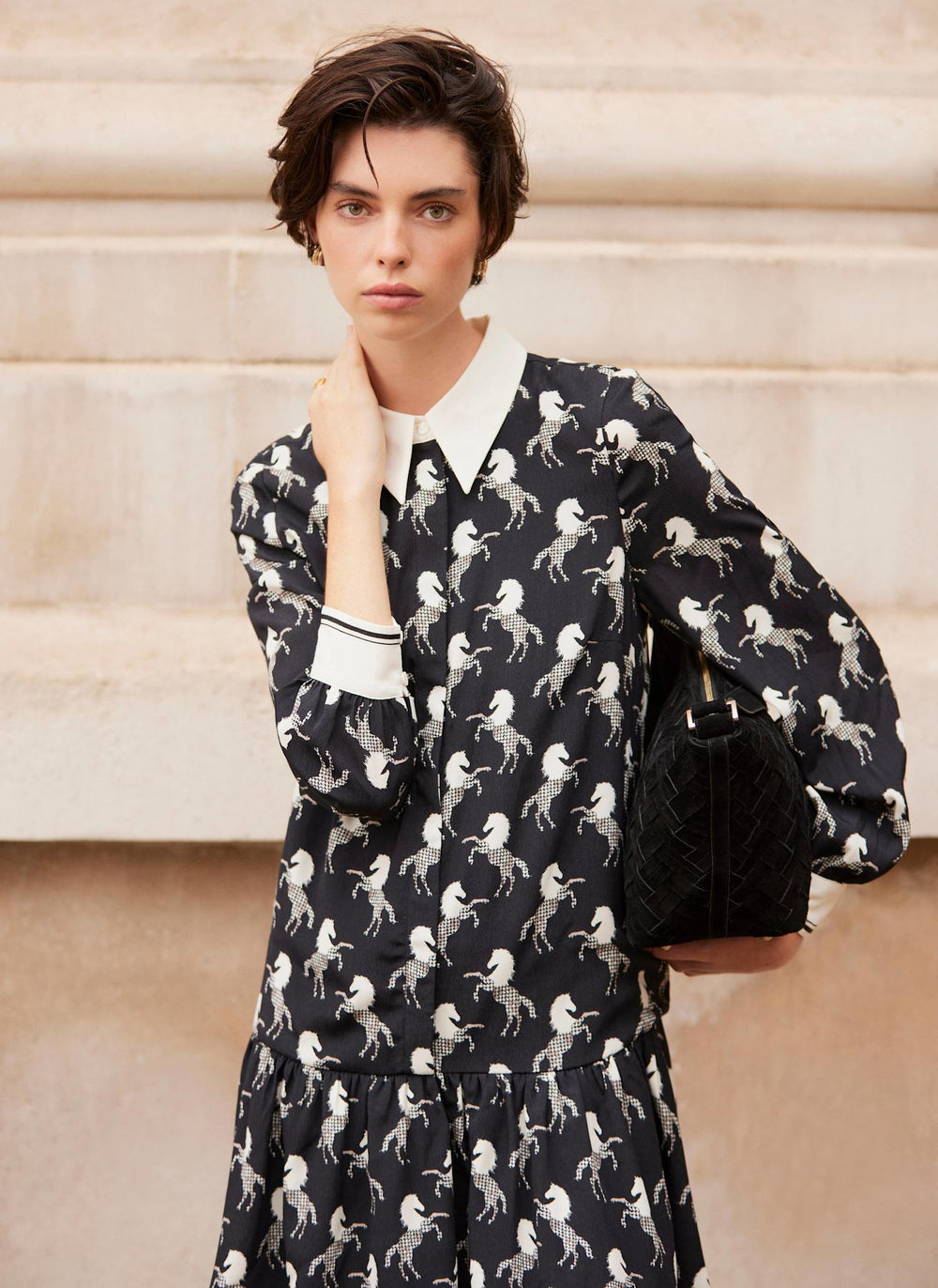Black Horse Print Mini Shirt Dress