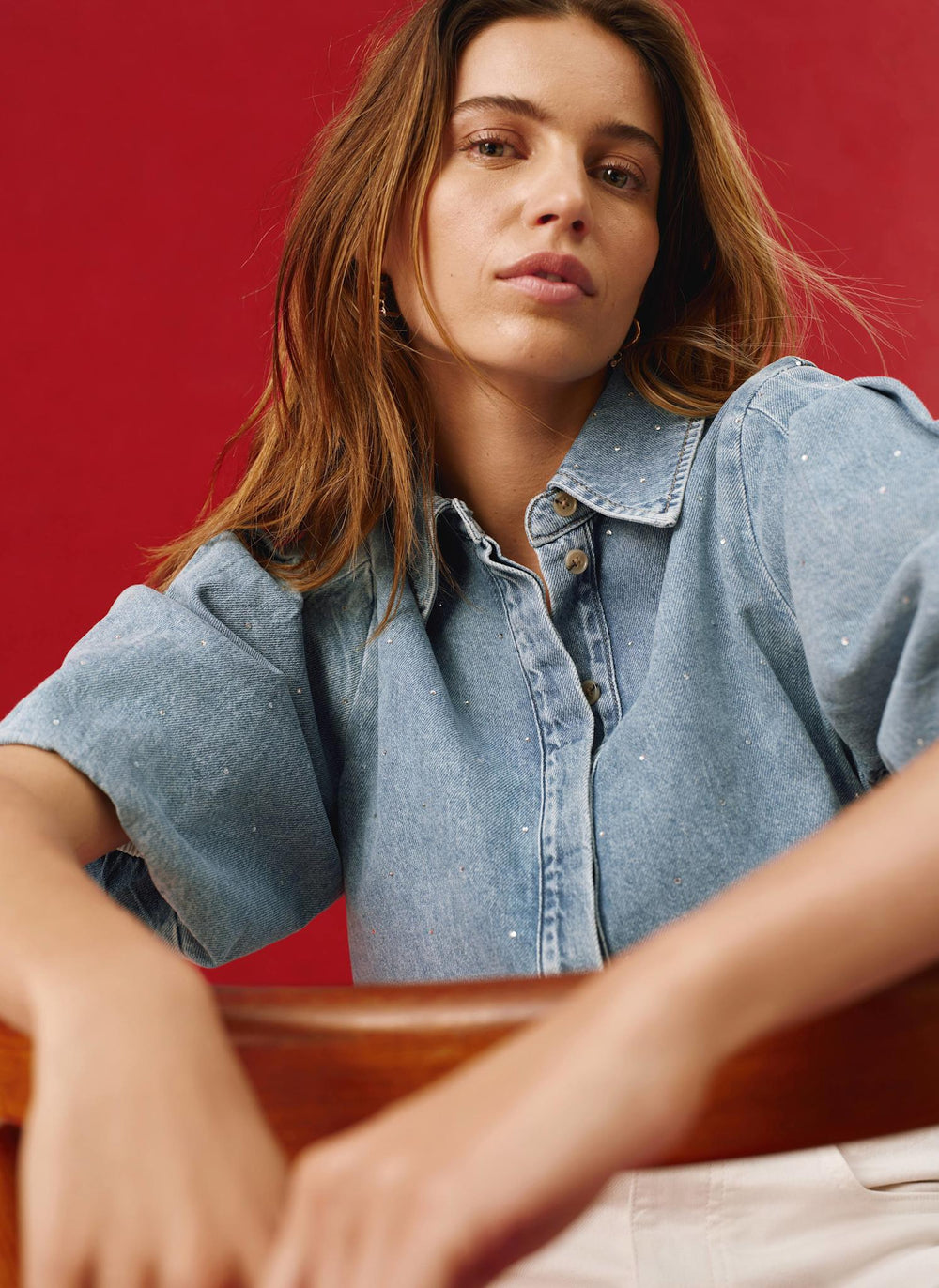 Indigo Denim Embellished Puff Sleeve Shirt