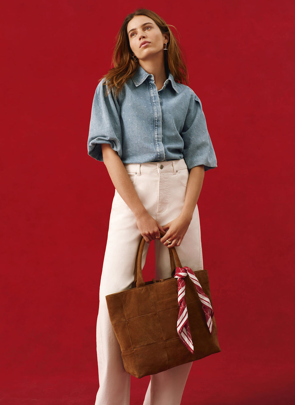 Indigo Denim Embellished Puff Sleeve Shirt