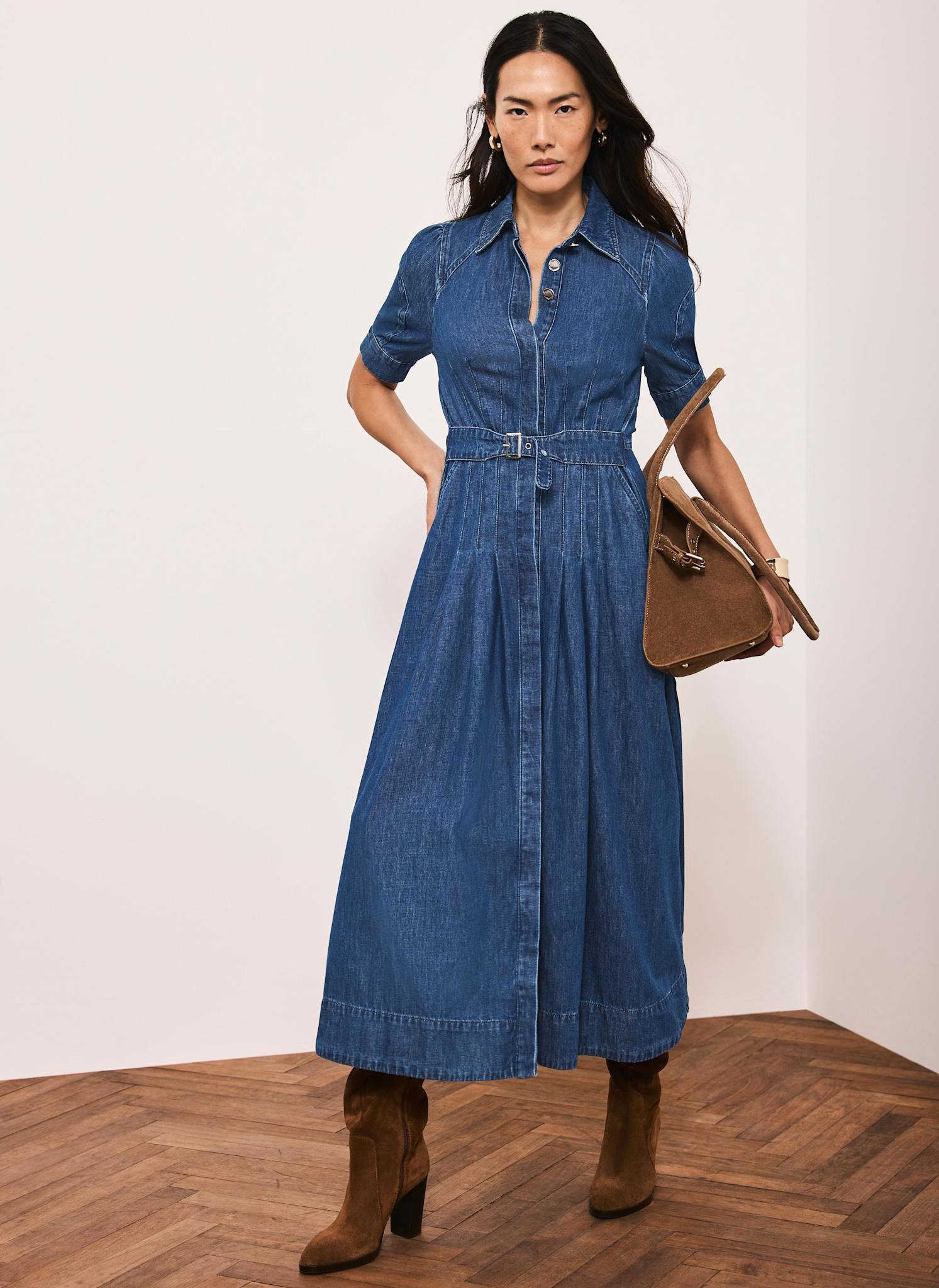 Indigo Denim Belted Midi Shirt Dress – Mint Velvet
