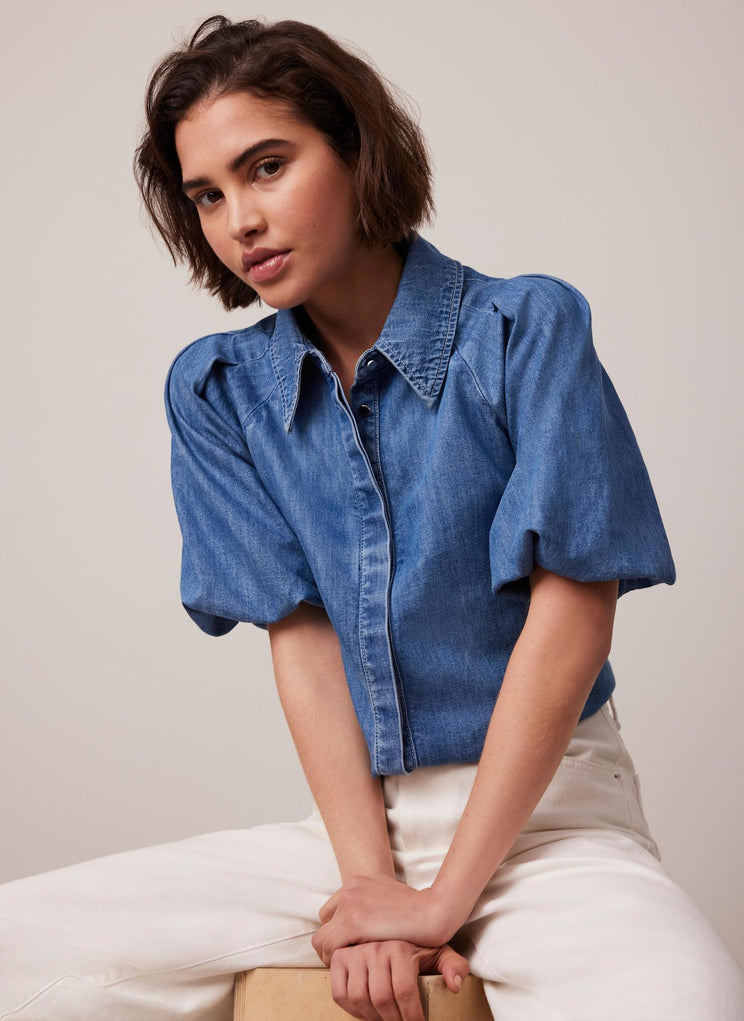 Premium Indigo Denim Shirt with Front Pleat Detailing & Shell Buttons