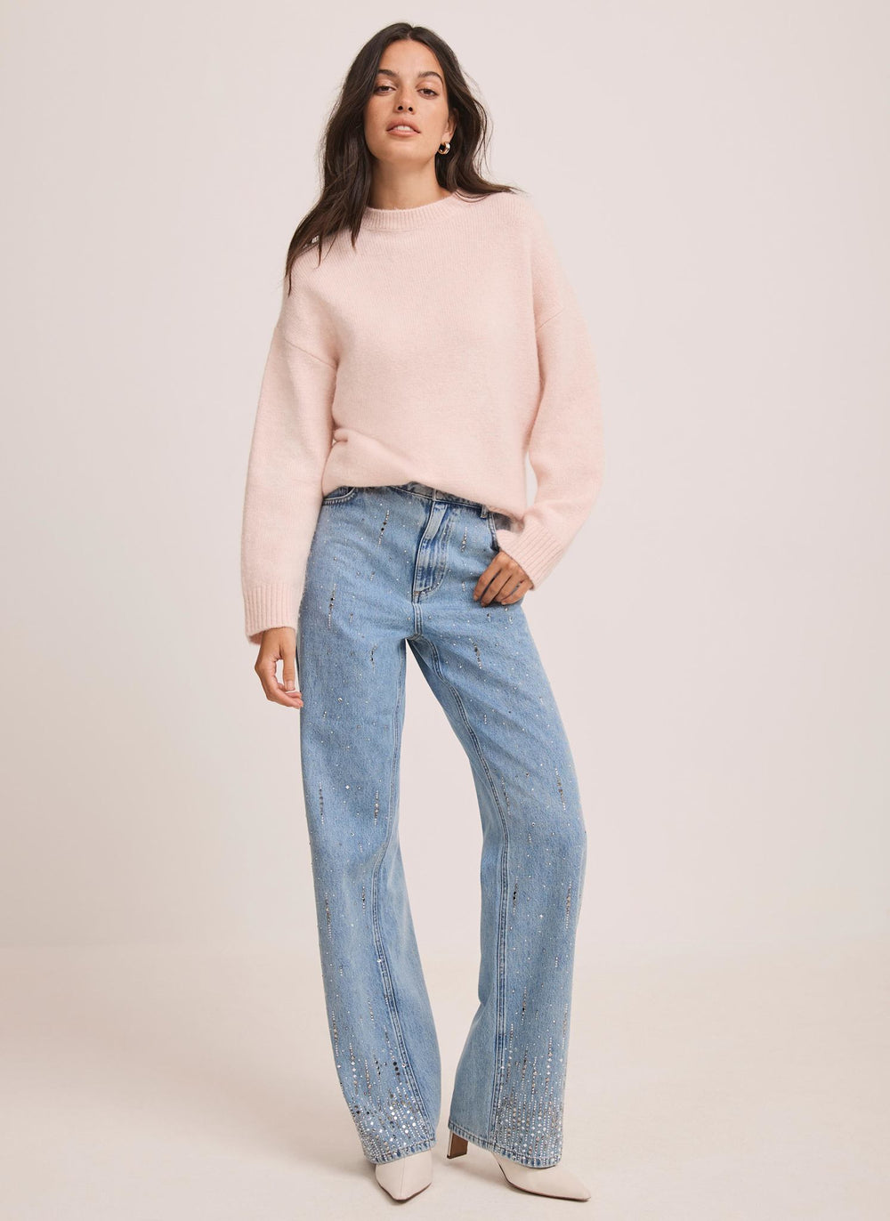 Indigo Cotton Embellished Wide Jeans
