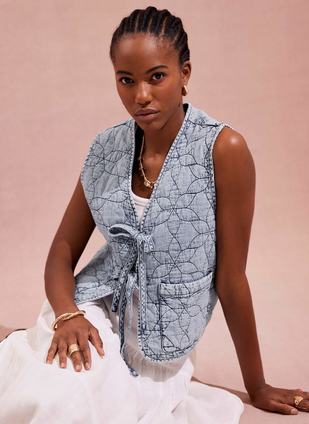 Indigo Quilted Tie Front Gilet