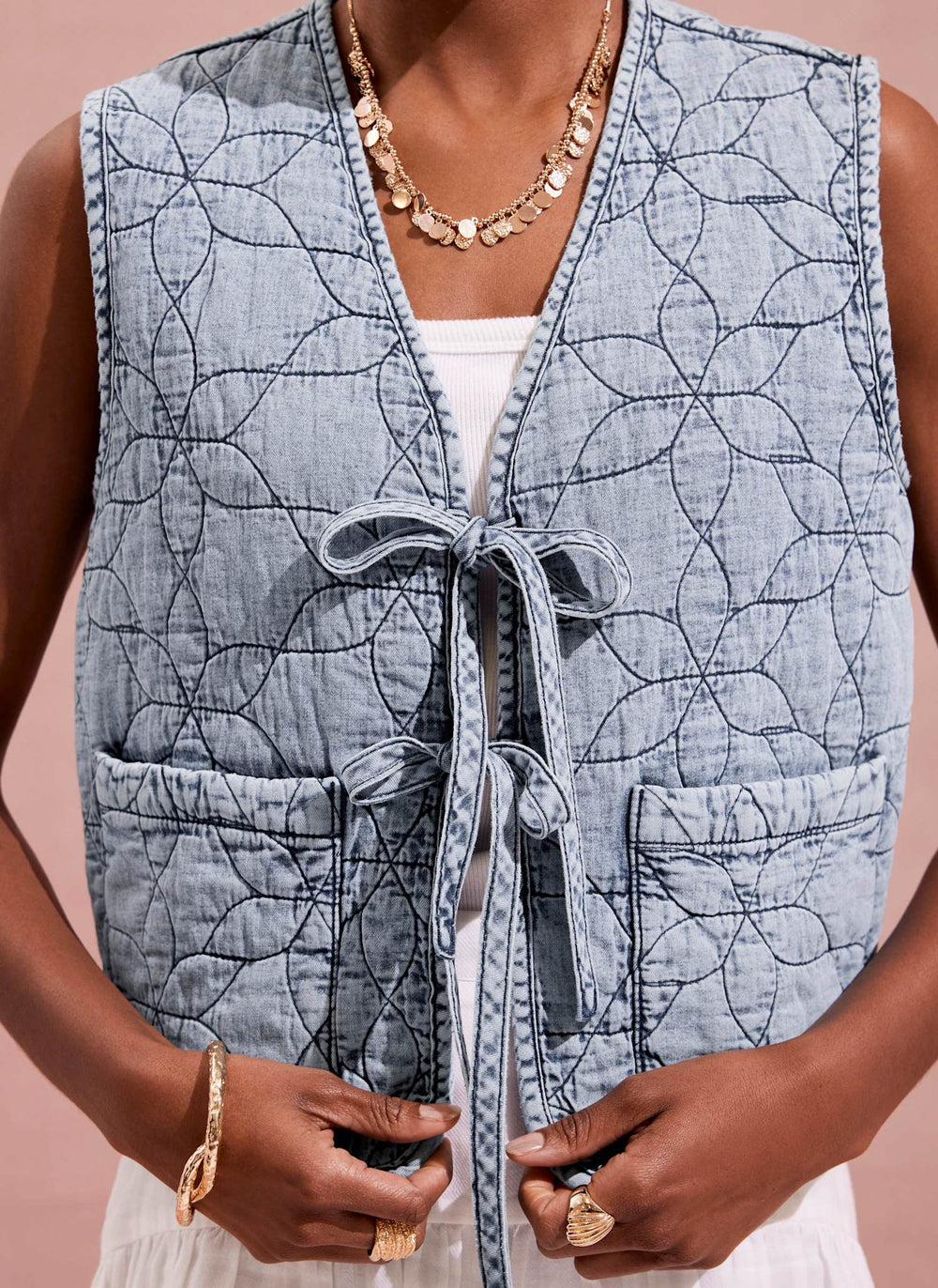 Indigo Quilted Tie Front Gilet