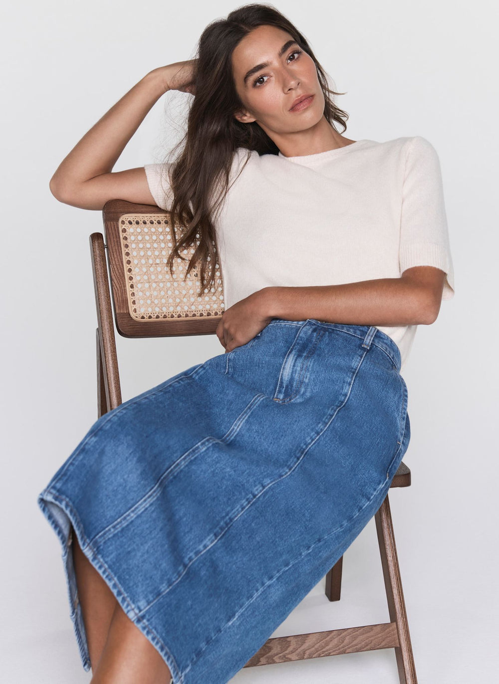 Indigo Denim Straight Midi Skirt