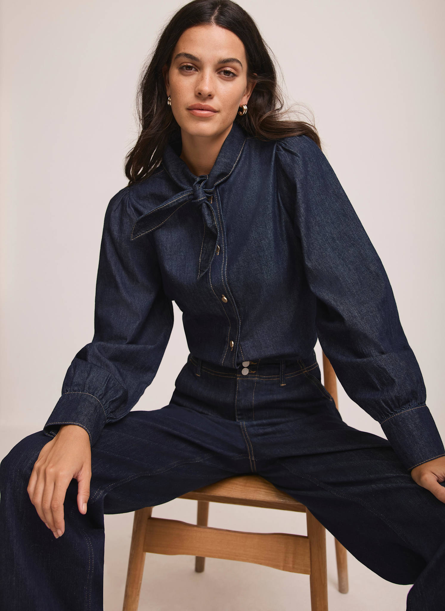Dark Indigo Tie Neck Denim Shirt – Mint Velvet