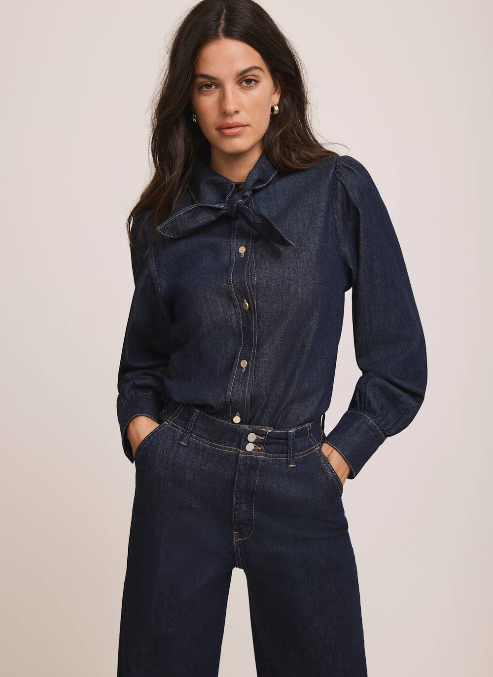 Dark Indigo Tie Neck Denim Shirt