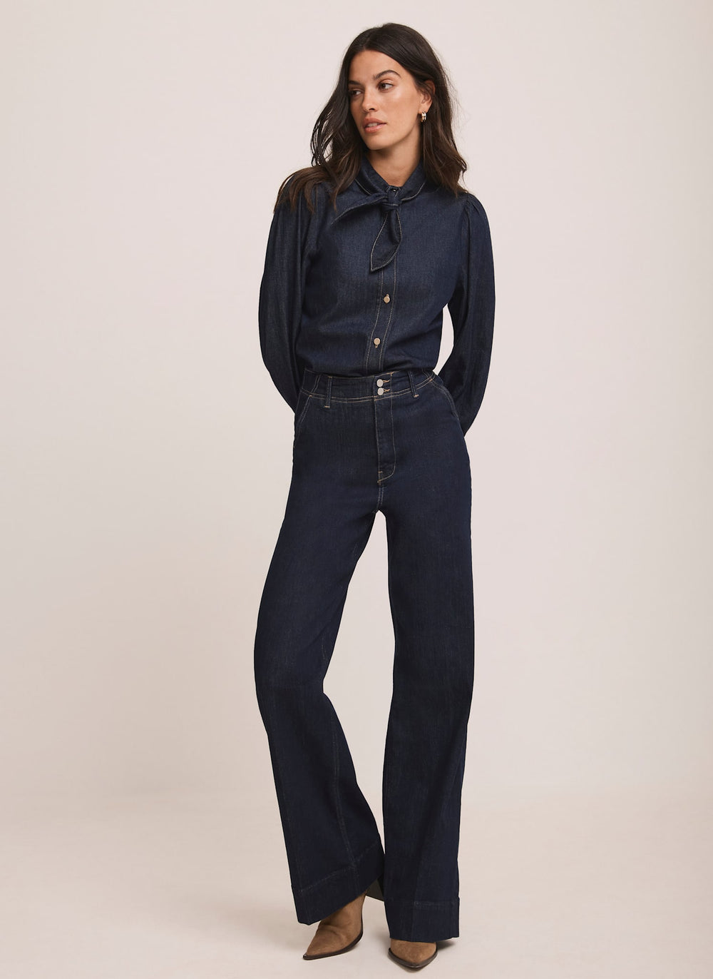 Dark Indigo Tie Neck Denim Shirt