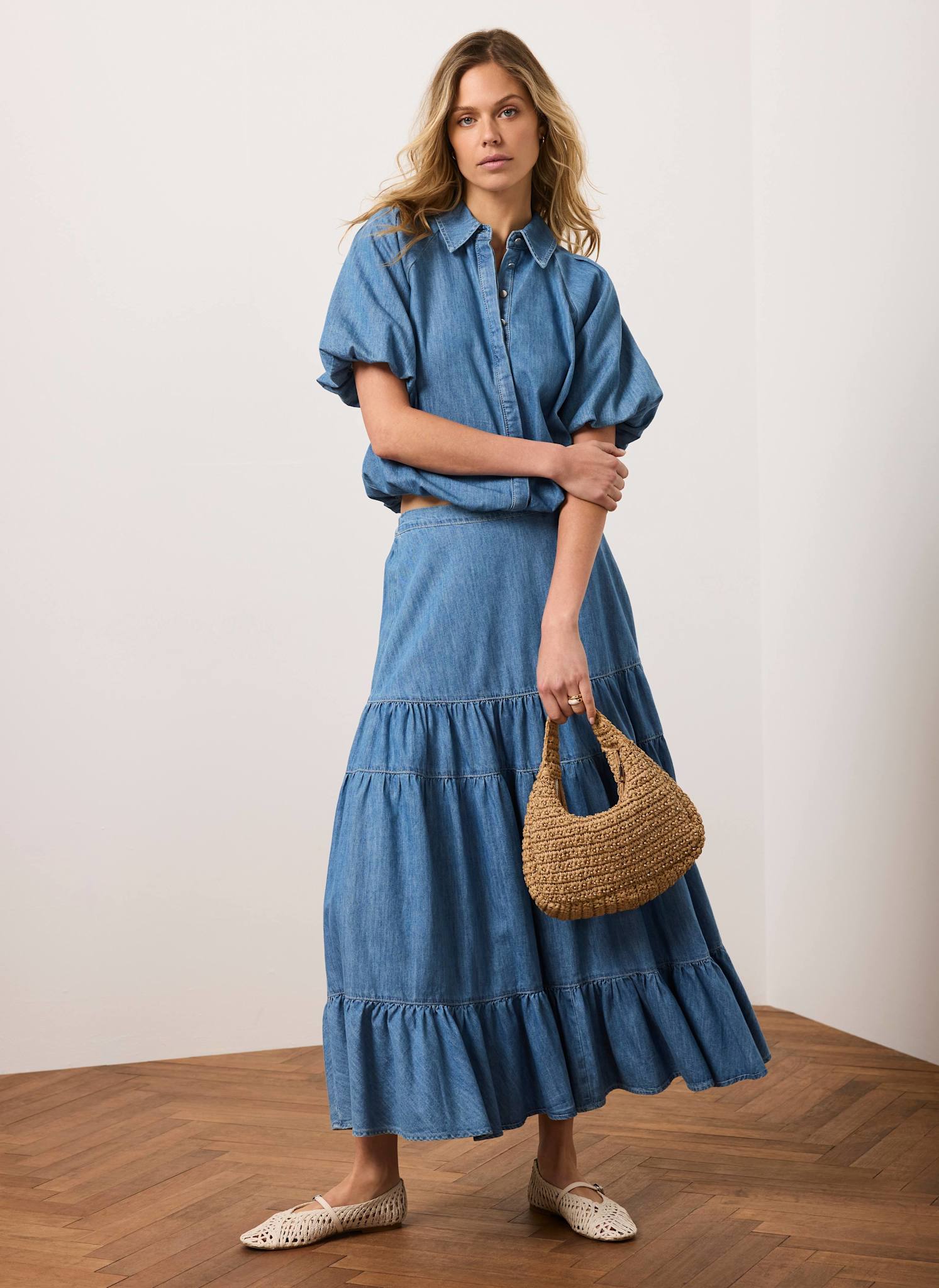 Indigo Tiered Denim Midi Skirt – Mint Velvet