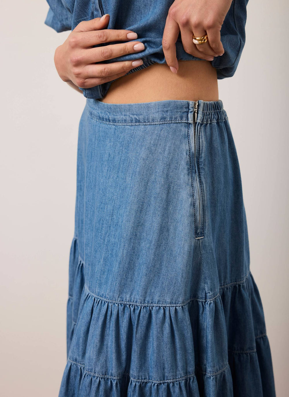 Indigo Tiered Denim Maxi Skirt
