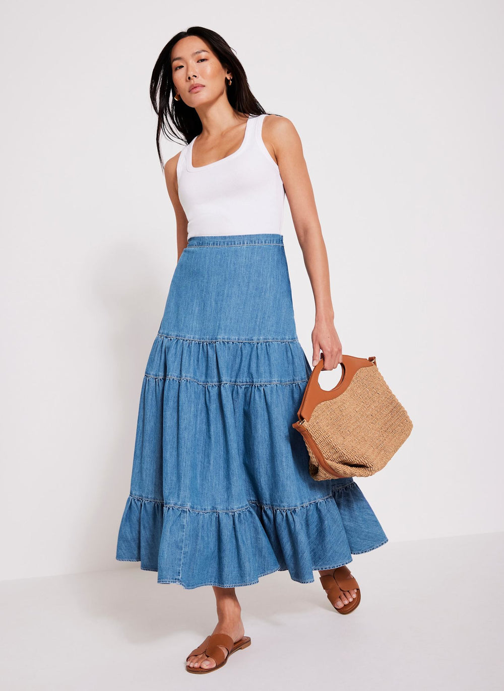 Indigo Tiered Denim Midi Skirt