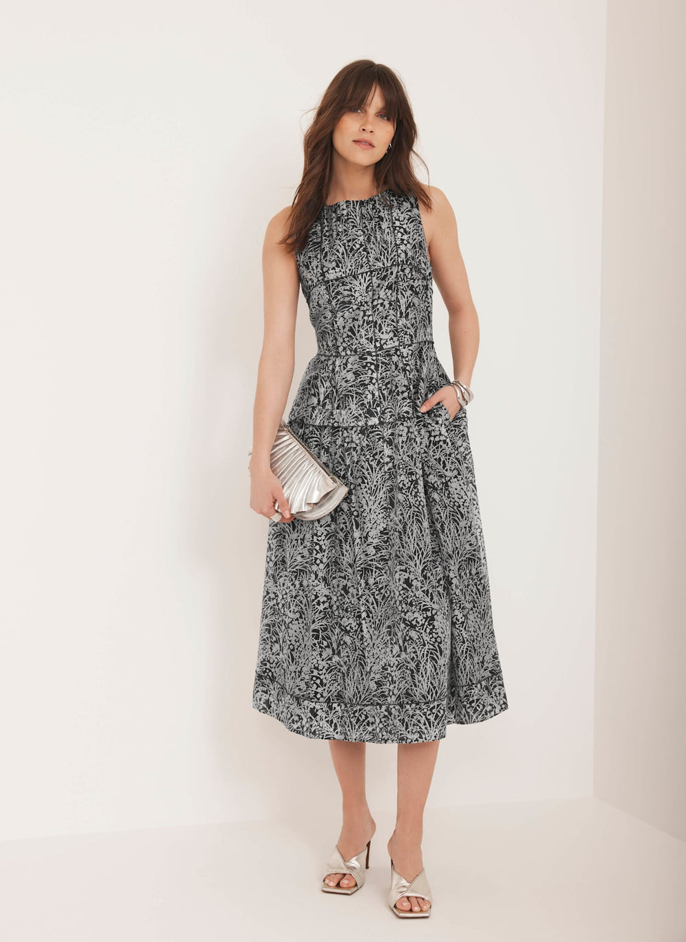 Navy Floral Print Drop Waist Midi Dress