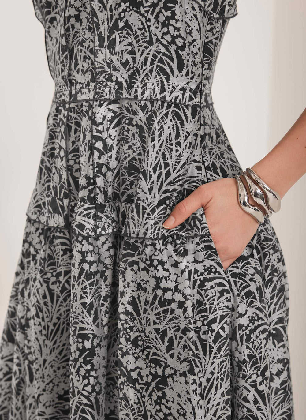 Navy Floral Print Drop Waist Midi Dress