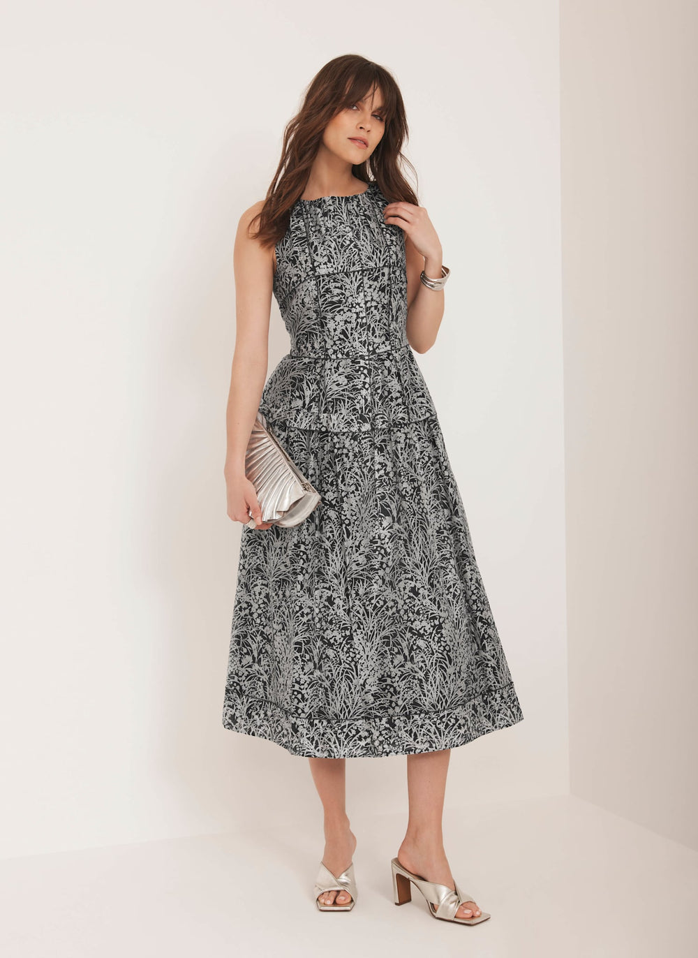 Navy Floral Print Drop Waist Midi Dress