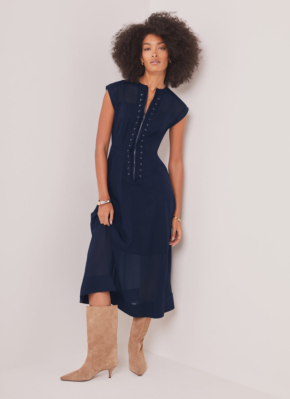 Navy Utility Eyelet Detail Midi Dress
