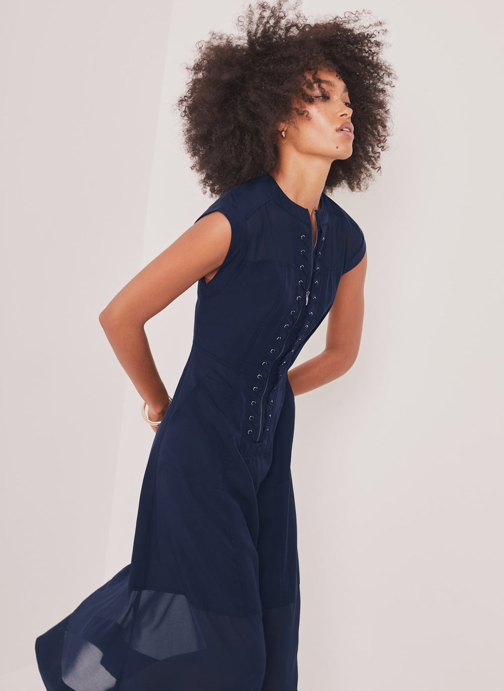 Navy Utility Eyelet Detail Midi Dress