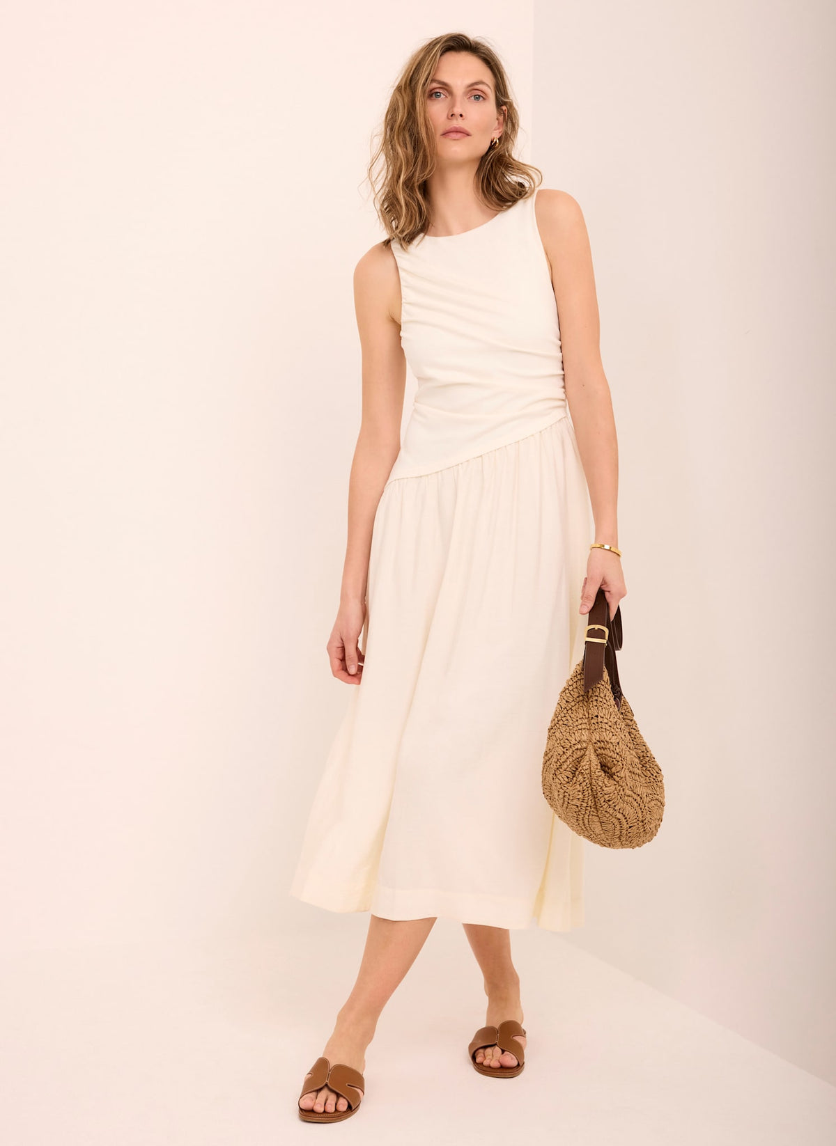 beige asymmetric dress Mint Velvet Cream Asymmetric Waist Midi Dress | Size S | Cream | Sleeveless