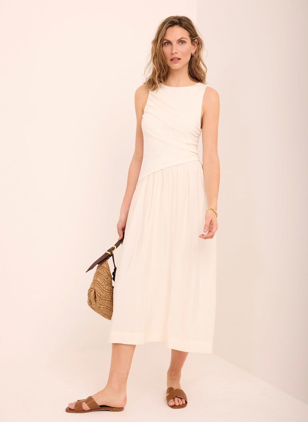 Mint Velvet Cream Asymmetric Waist Midi Dress | Size S | Cream | Sleeveless | Halter Neck
