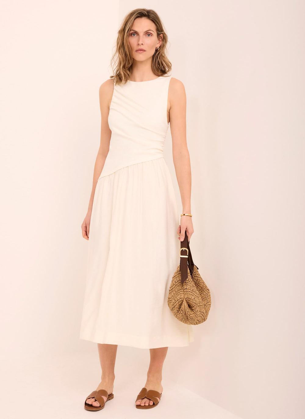 Mint Velvet Cream Asymmetric Waist Midi Dress | Size S | Cream | Sleeveless | Halter Neck