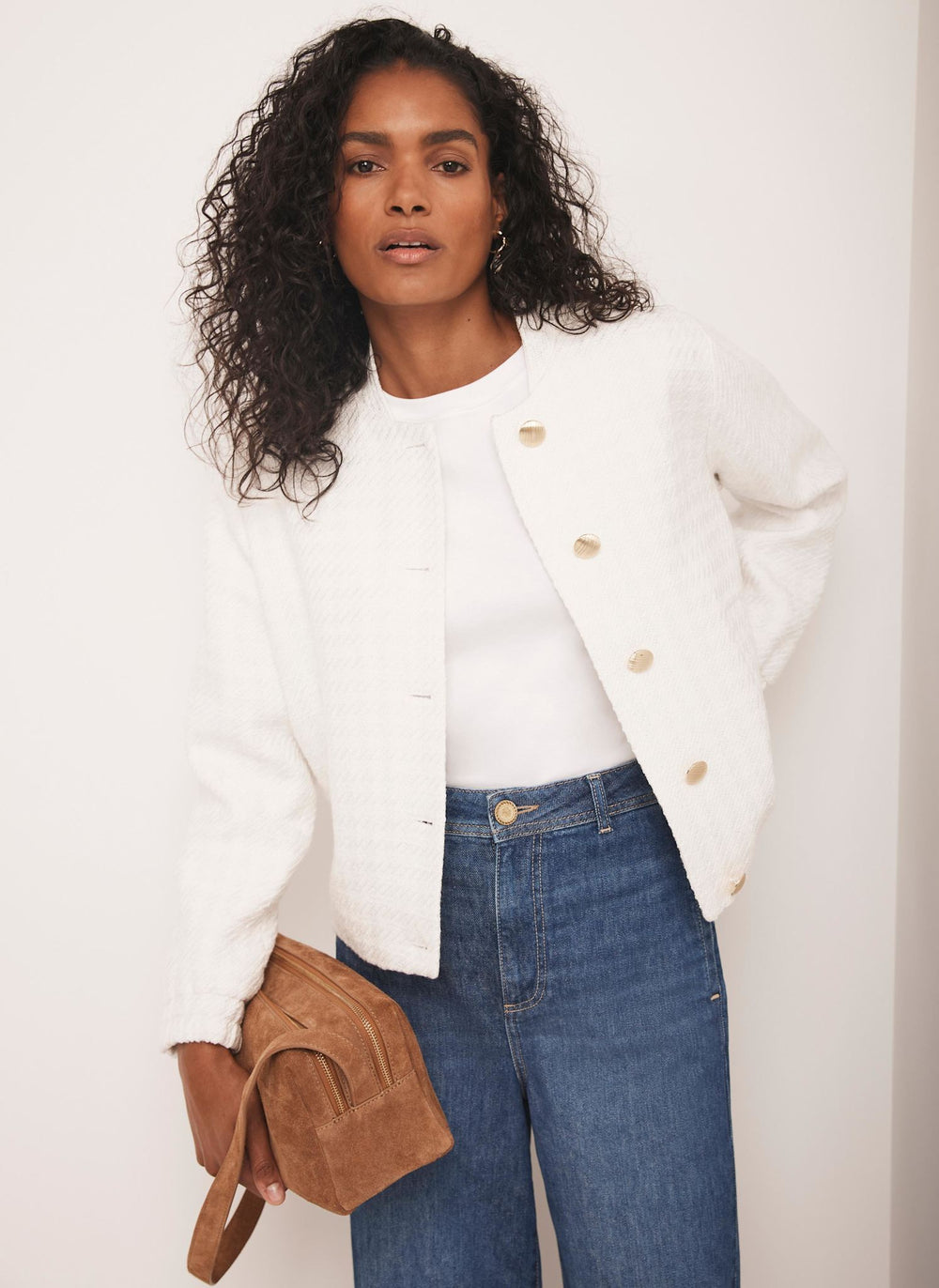 Cream Boucle Bomber Jacket