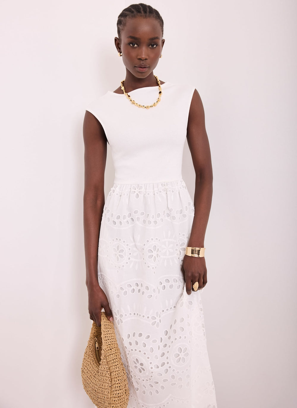 White Jersey Broderie Midi Dress  Mint Velvet