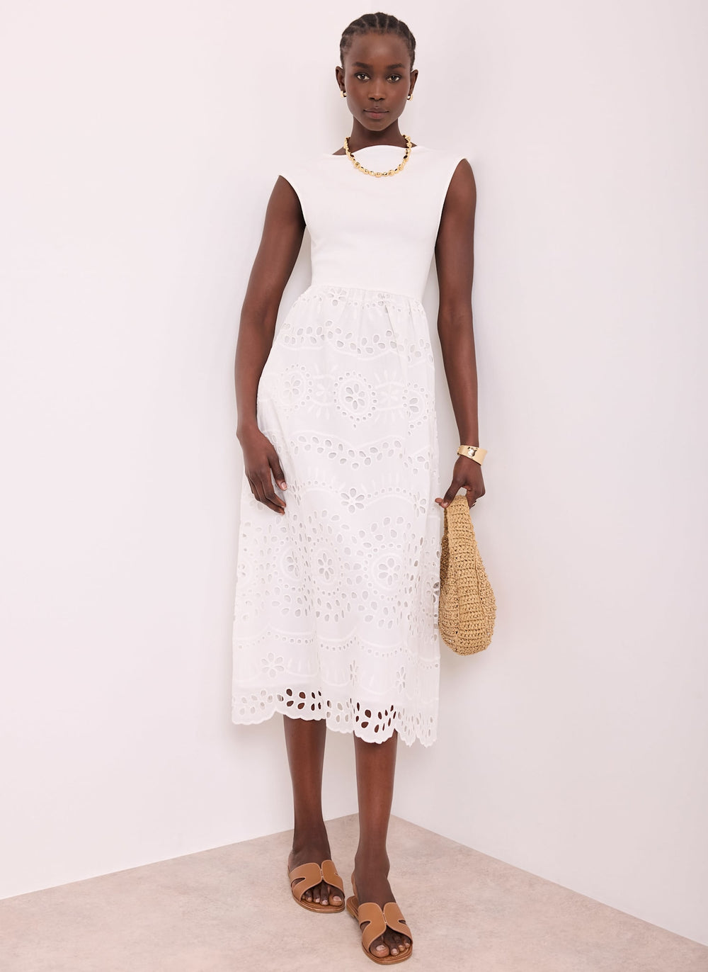 White Jersey Broderie Midi Dress