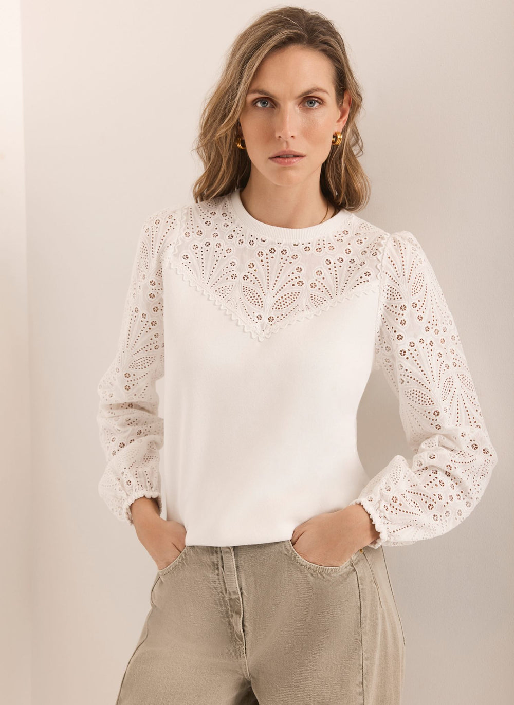 White Cotton Blend Broderie Sweatshirt