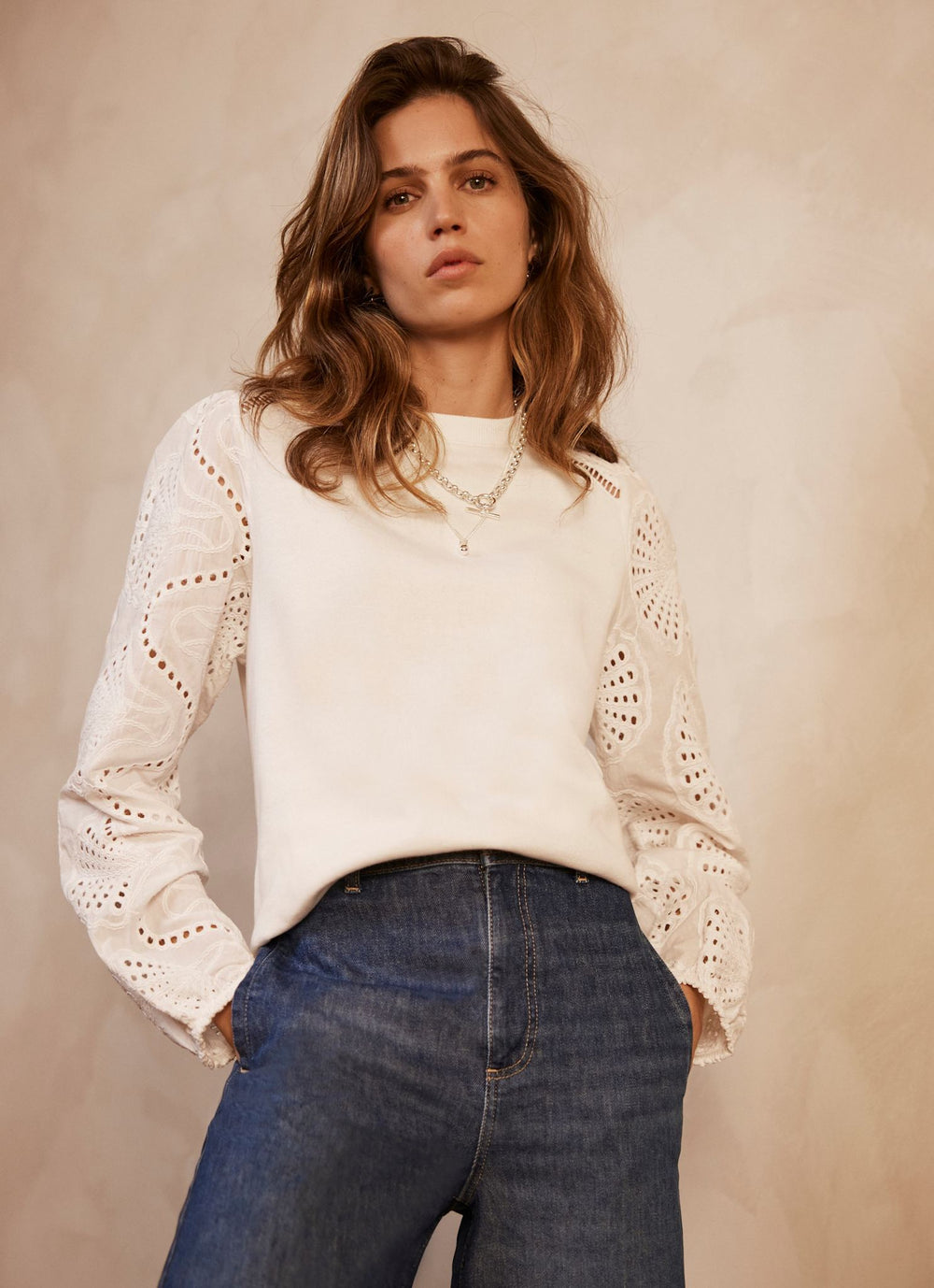 White Broderie Anglaise Detail Sweatshirt