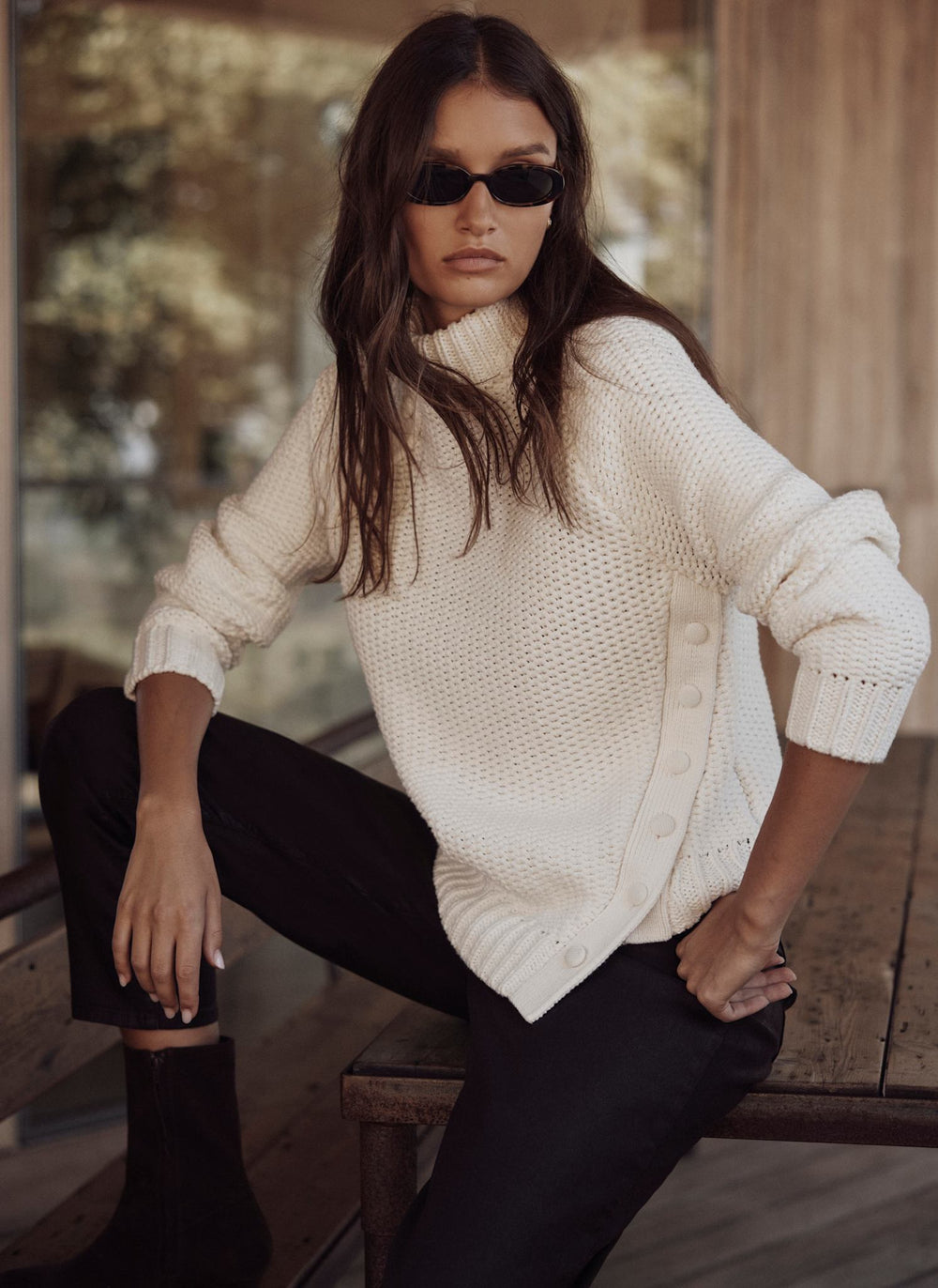 White Cotton Blend Button Detail Jumper
