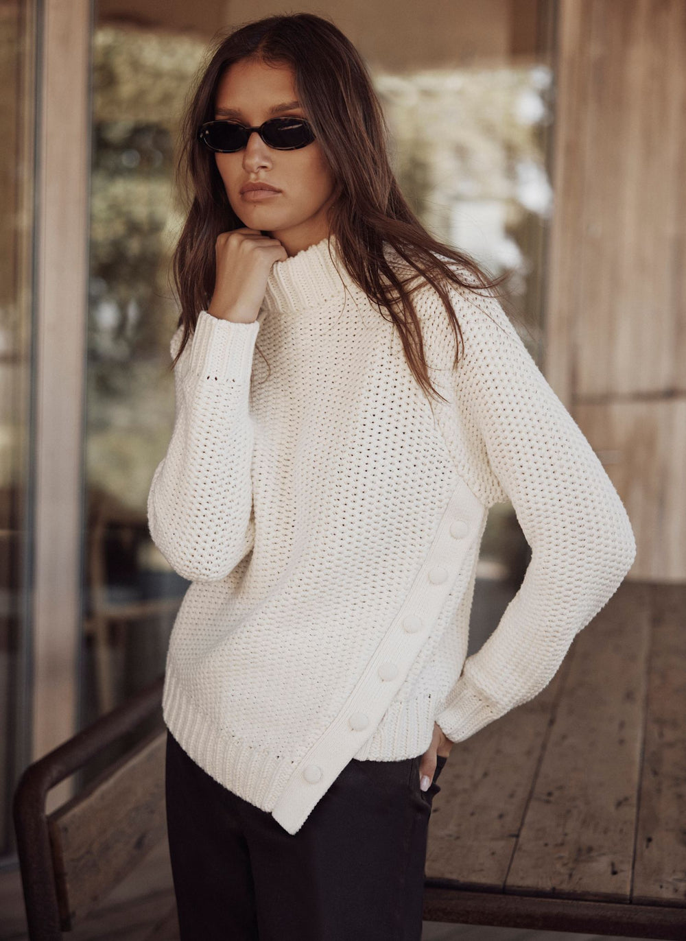 White Cotton Blend Button Detail Jumper