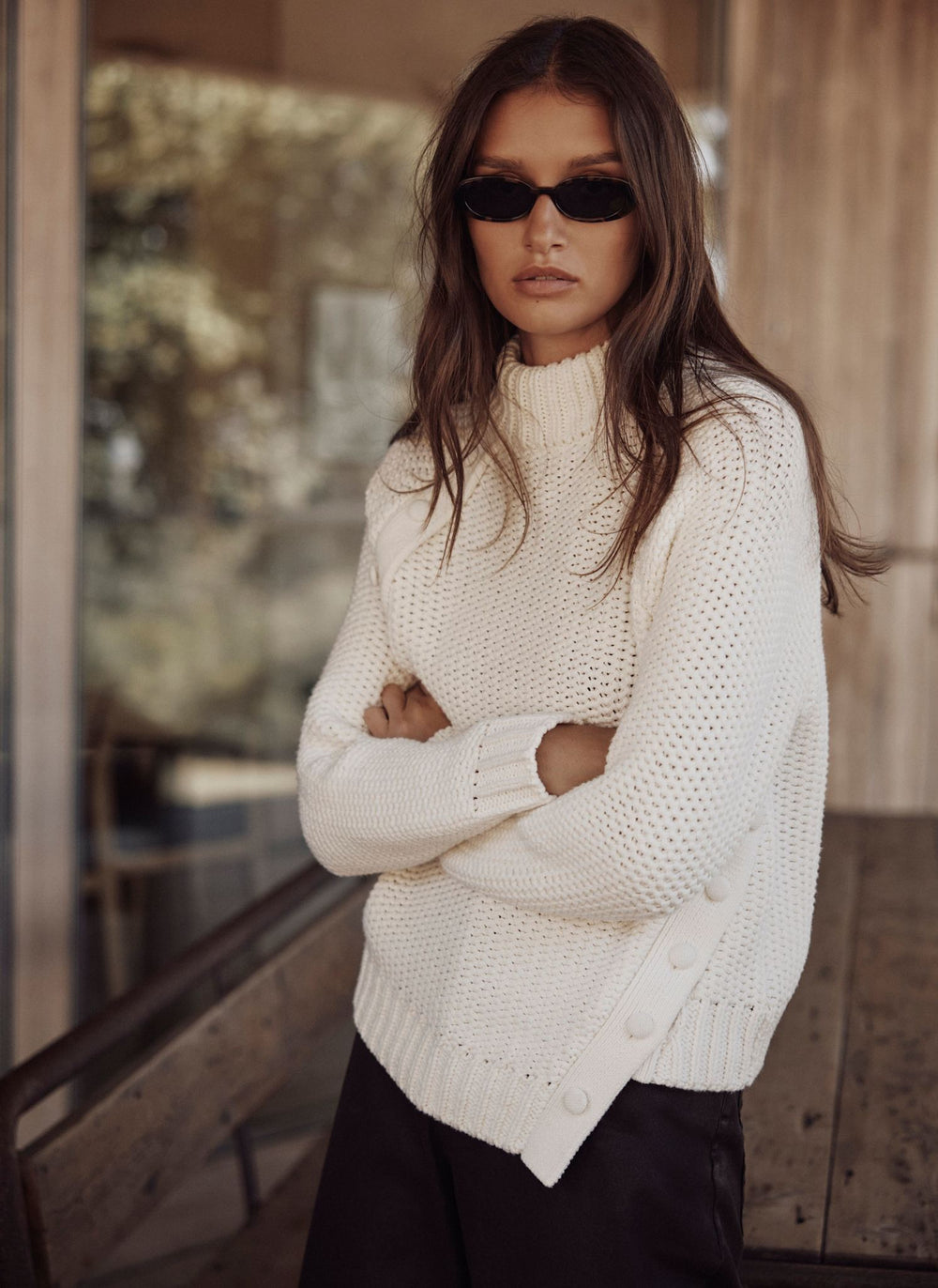 White Cotton Blend Button Detail Jumper