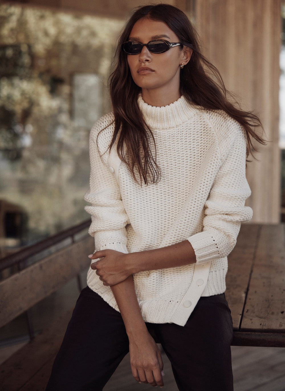 White Cotton Blend Button Detail Jumper