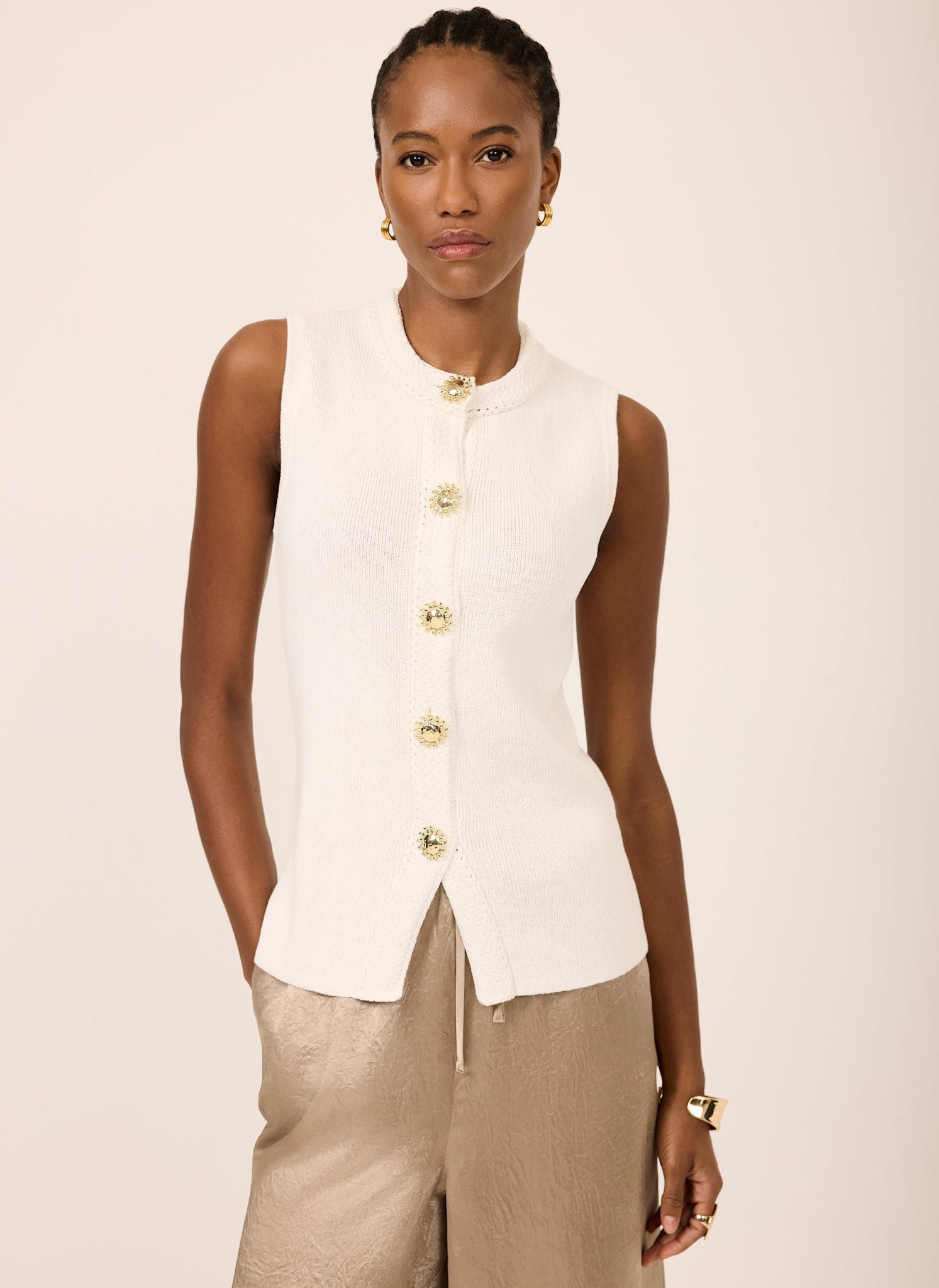 White Sunray Button Knit Sleeveless Top – Mint Velvet