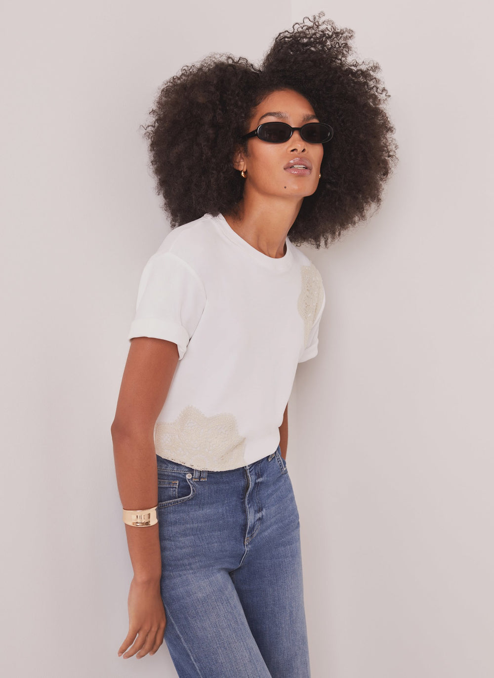 White Cotton Crochet Detail T-Shirt
