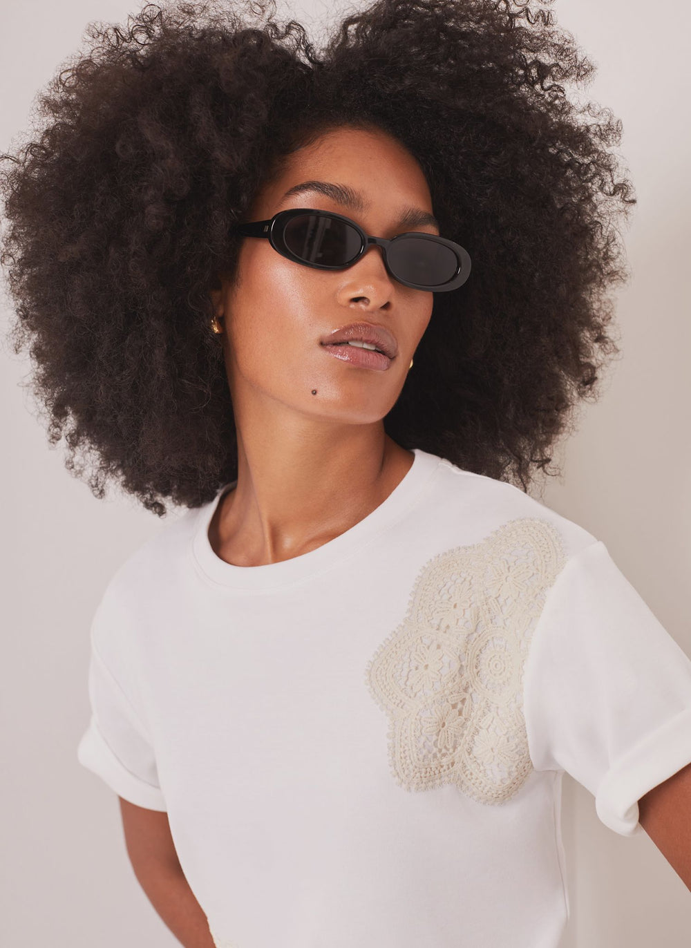 White Cotton Crochet Detail T-Shirt