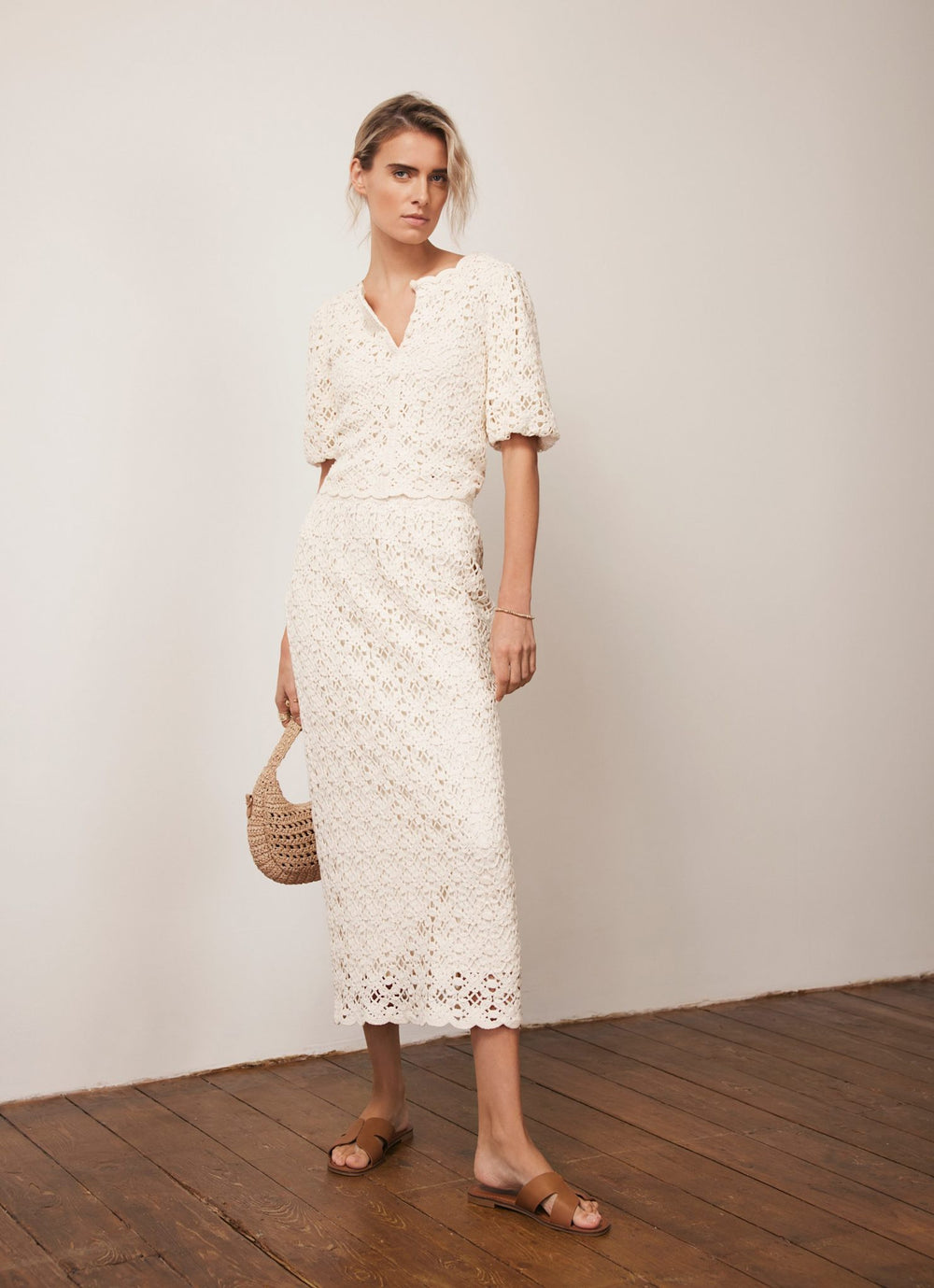 Cream Crochet Knit Midi Skirt