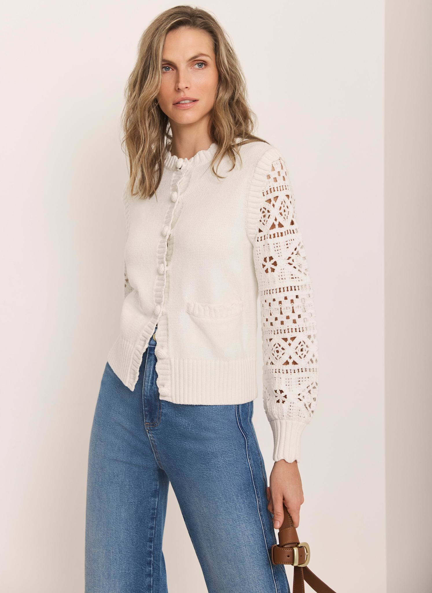 Cream Cotton Blend Crochet Cardigan – Mint Velvet