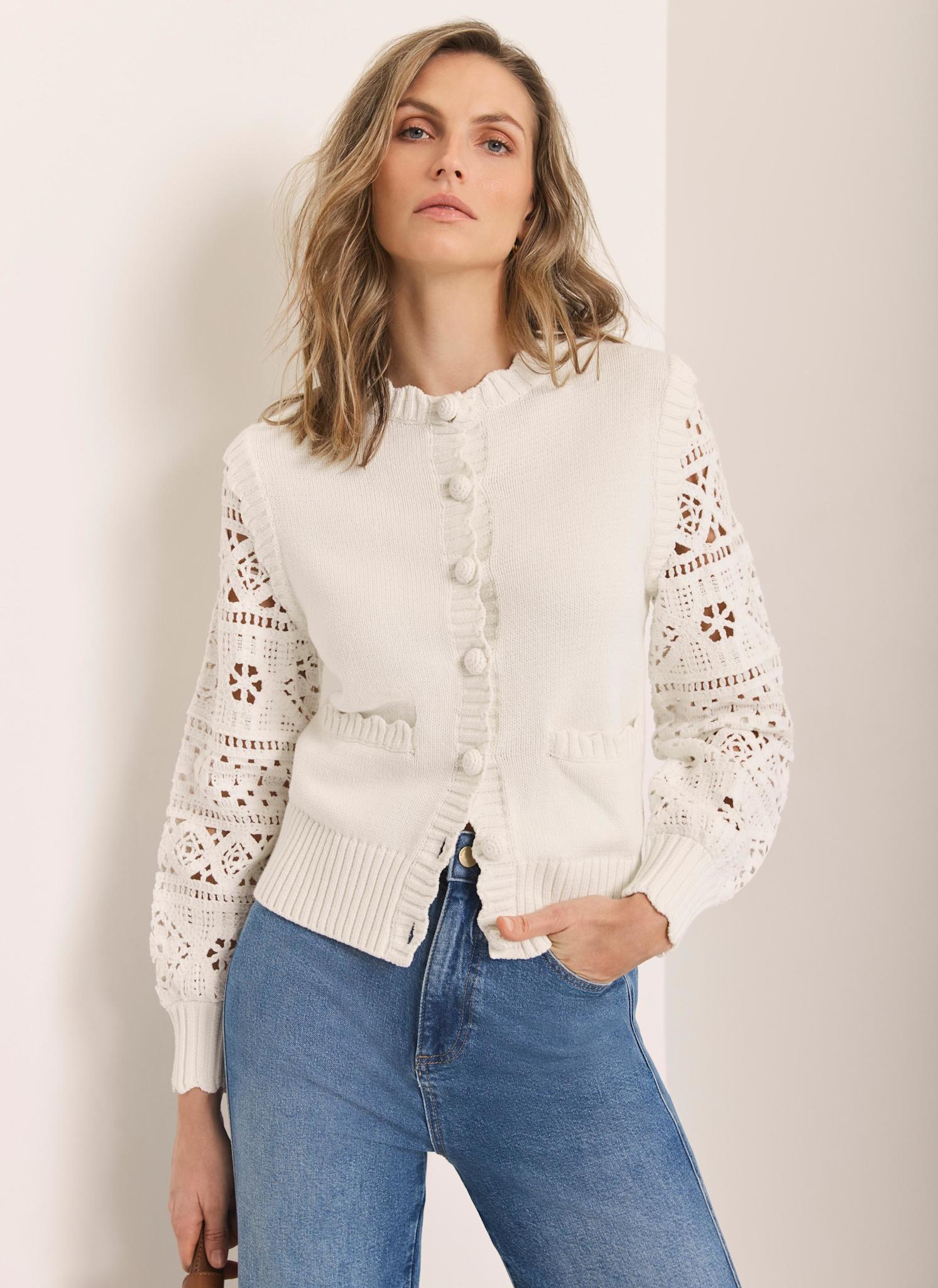 Cream Cotton Blend Crochet Cardigan – Mint Velvet
