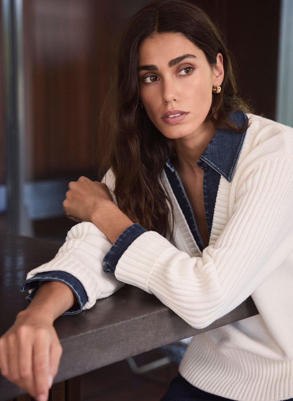 White Denim Trim Knit Jumper