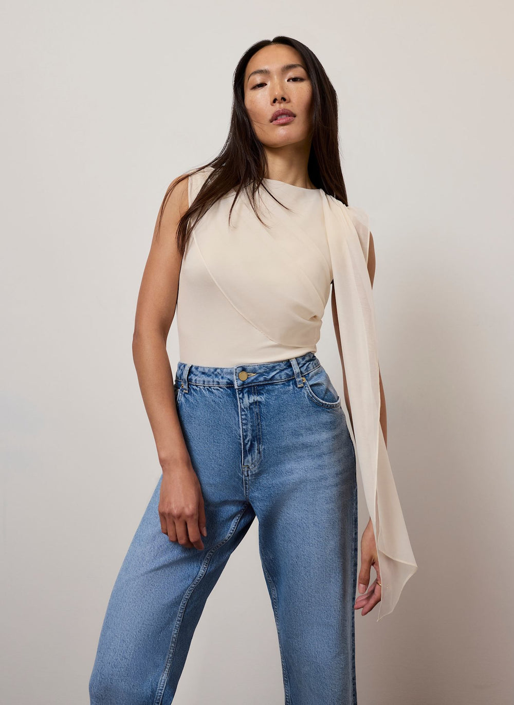 Cream Draped Asymmetric Top