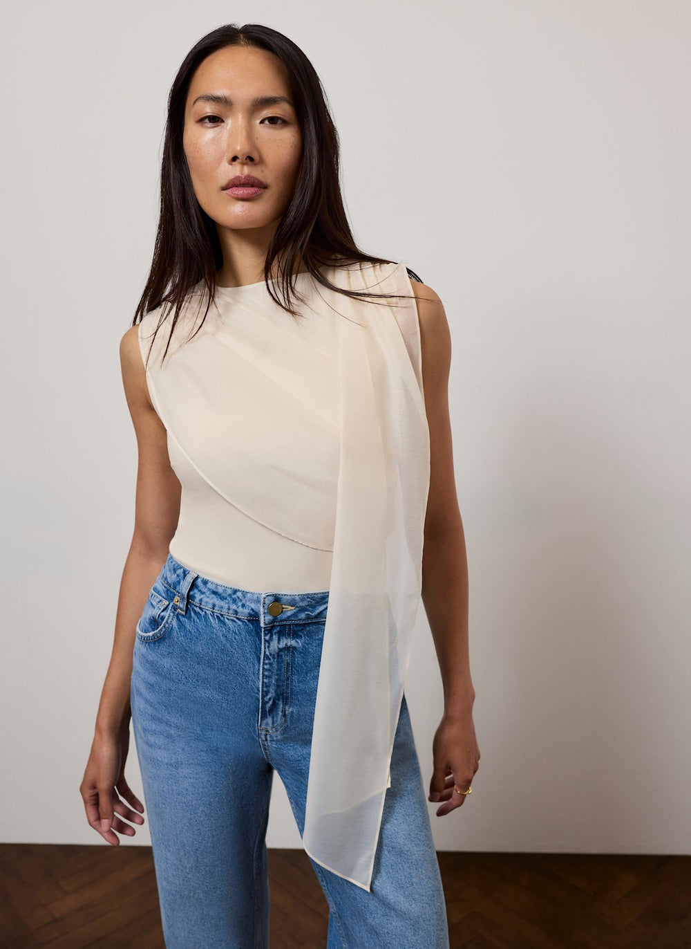 Cream Draped Asymmetric Top