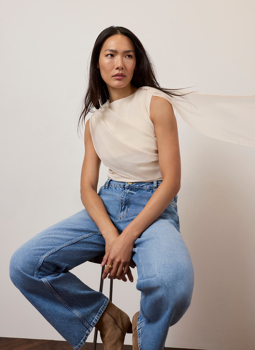 Cream Draped Asymmetric Top