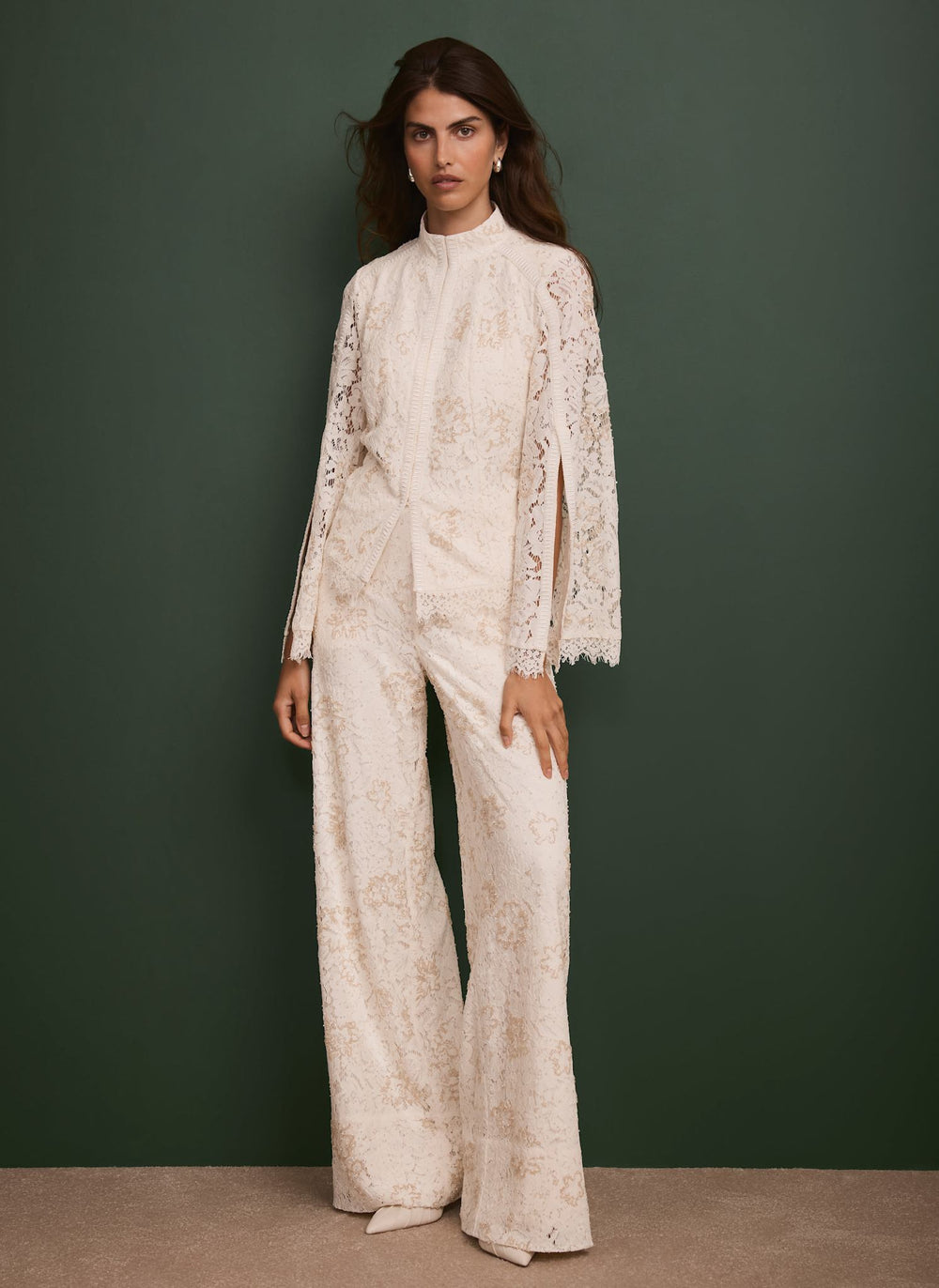 Cream Embellished Lace Wide Trousers