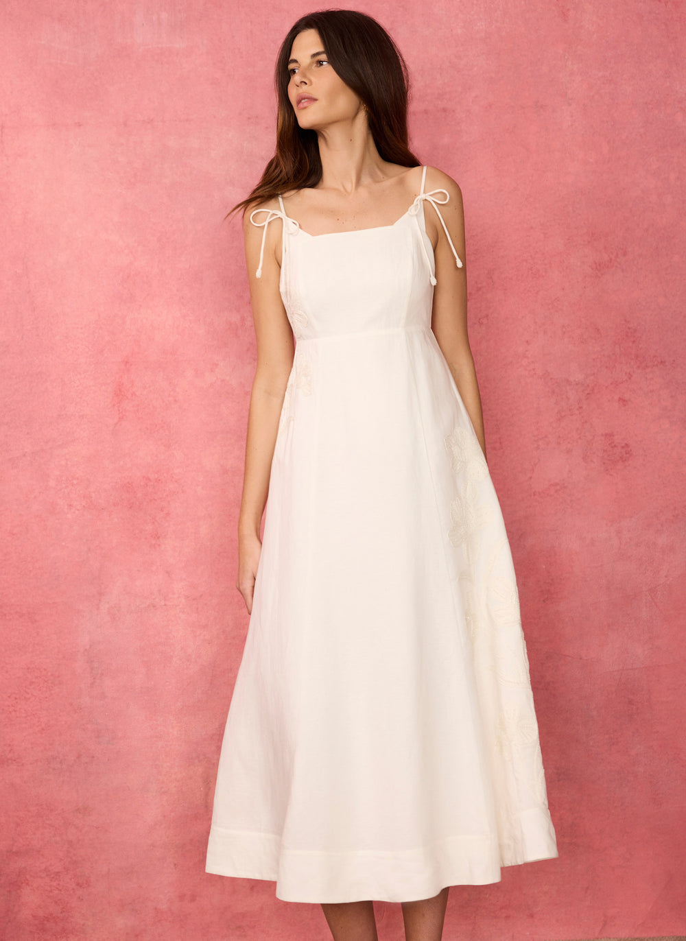 Mint Velvet White Beige Blend Embroidered Midi Dress | Size 6 | White | Sleeveless