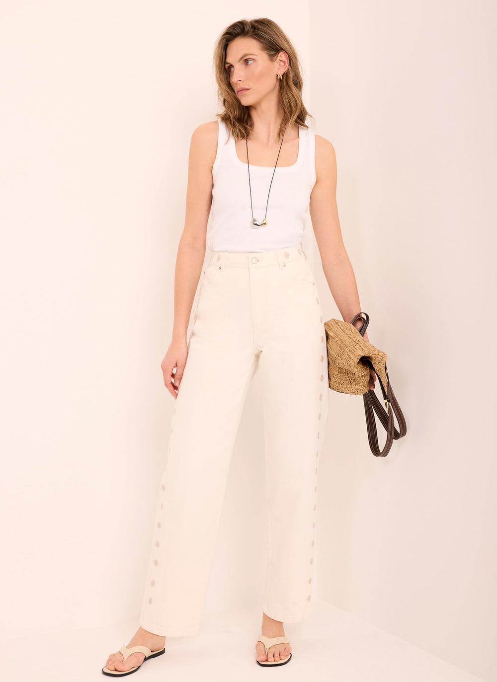 Cream Floral Embroidered Tapered Jeans
