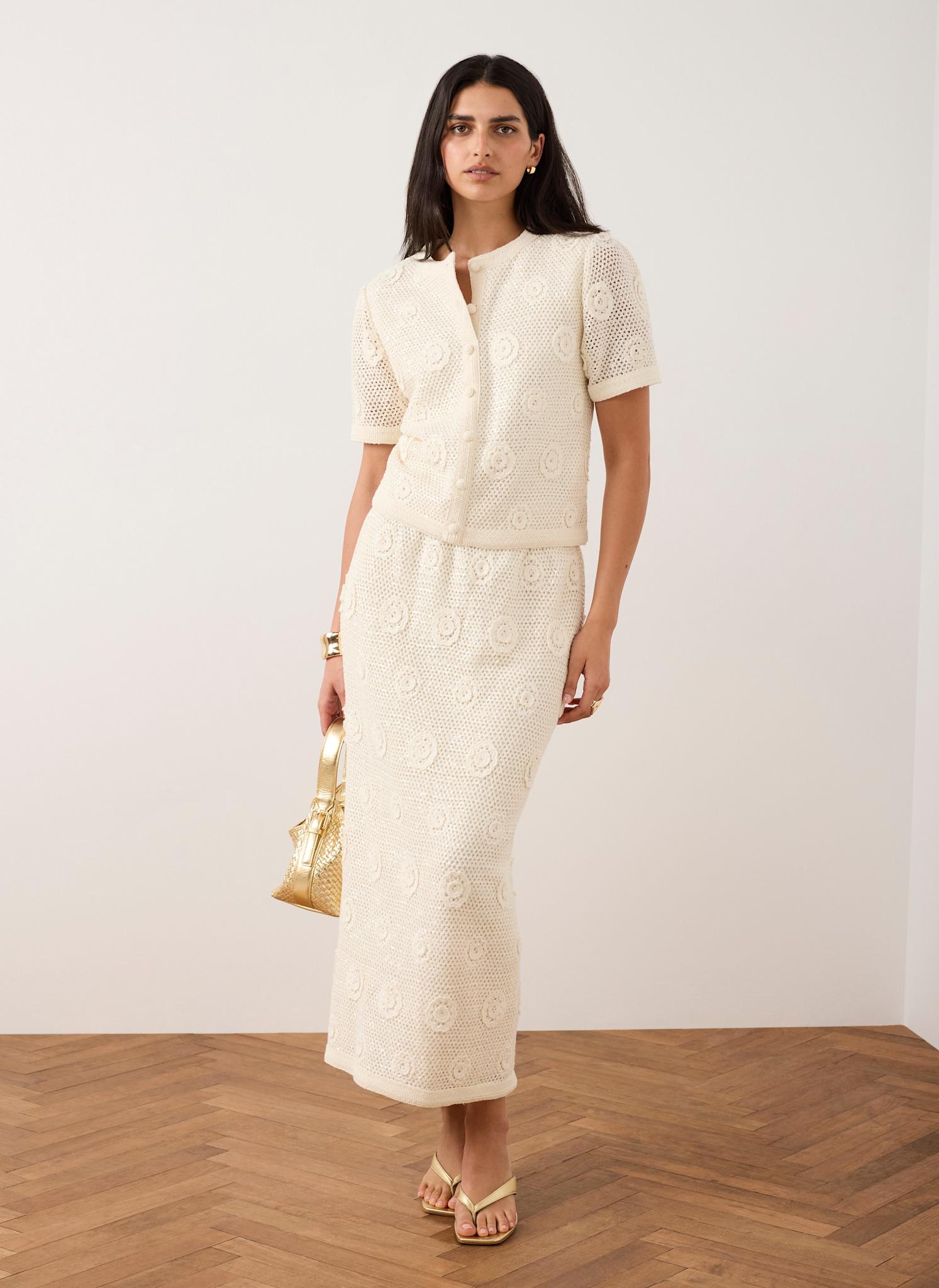 Neutral Sequin Floral Crochet Midi Skirt – Mint Velvet